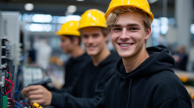 Young electrician students gathered around a complex electrical project, smiling and interacting, holding tools and meters, safety gear on, vocational training room with cables, ci
