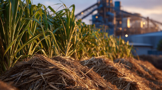 Cinematic wide-angle view of harvested sugarcane piled on moving conveyor belts at dusk, warm golden light casting long shadows, industrial processing facility in the background, s