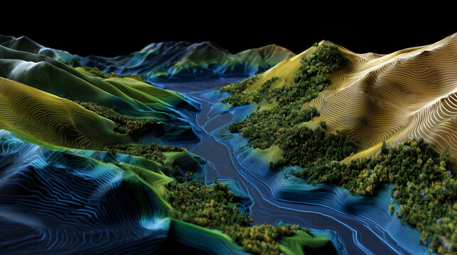 Side-angle view of a 3D topographic map, elevation and contour lines rendered in neon-like gradients, GIS overlays showing infrastructure and vegetation, cinematic lighting creatin