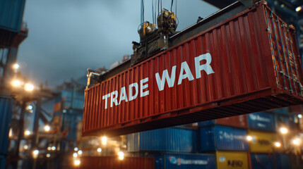 Close cinematic composition showing crane cables suspending the red "TRADE WAR" container, blue and yellow containers stacked below, moody industrial lighting creating contrast, sy