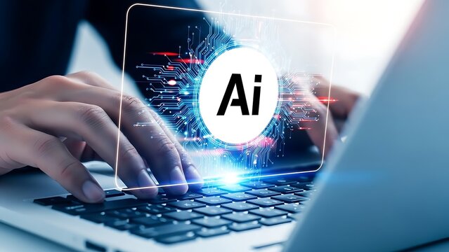 Person typing on laptop with AI interface