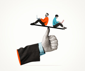 Man and woman with laptops sitting on a seesaw. Concept of gender inequality and competition, balance, justice, and social contrast. Creative art collage.