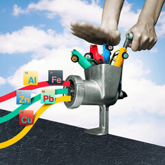 Surreal collage showing recycling and circular economy concept with cars, grinder and human figure.