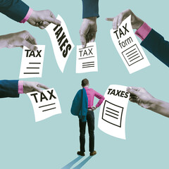 Conceptual collage of businessman surrounded by tax documents and forms. Symbol of financial pressure, bureaucracy, taxation, compliance, business responsibility and economic burden.