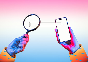 Bright surreal digital artwork of a hands holding a smartphone and magnifying glass on a neon gradient background.