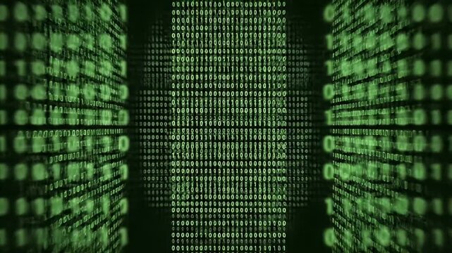 A video showcasing a mesmerizing display of green binary code on a dark background
