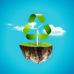 Floating island with wind turbine and renewable energy icon against sky background.
