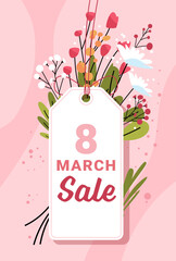 Naklejka premium 8 March womens day bouquet sale tag floral arrangement with leaves and flowers on pink abstract background banner template