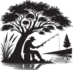 In a beautiful setting, a man is sitting under a tree and fishing with a spear in the lake.