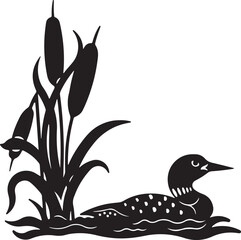 Eagle bird silhouette perched on a floral nature branch with spring blossom flowers and leaf patterns in a black vector art illustration design