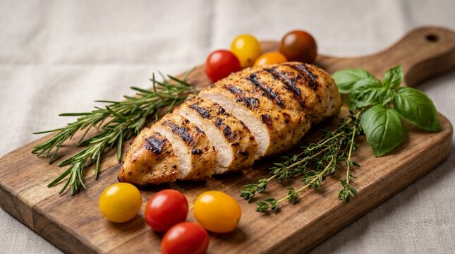 Sliced grilled chicken breast with herbs on board. High protein meal supports bone density and muscle strength. Perfect for nutrition guides and healthy diet plans.