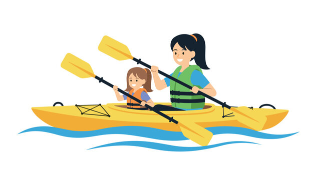 Mother and daughter enjoying kayaking adventure together in flat design