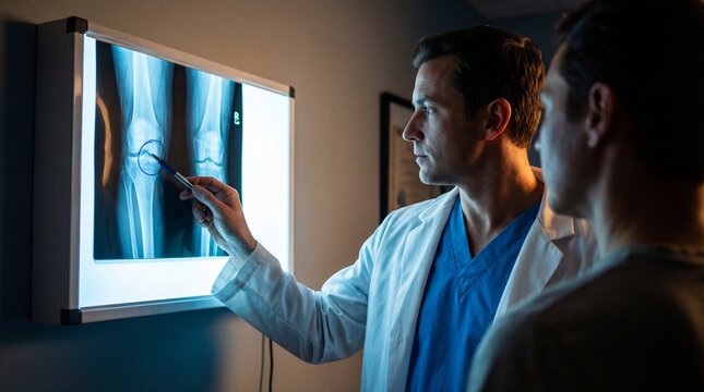 Male doctor points to knee joint on x-ray lightbox explaining bone health to patient. Scene highlights medical consultation and orthopedic care. Ideal for healthcare and clinic visuals.