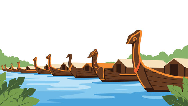 Colorful viking ships on water with houseboat background illustration