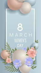8 March womens day holiday pastel flowers balloons frame soft blue background modern floral decoration leaves elegant greeting card