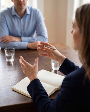 Professional job interview meeting with woman speaking at office table
