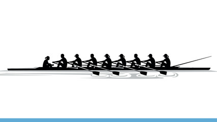 Silhouette of team rowing a boat in perfect synchrony on water