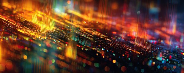 Fototapeta premium Abstract golden data matrix with glowing vertical light streams background