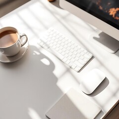 Overhead view of a clean white minimalist workspace featuring a bright monitor, sleek keyboard, ergonomic mouse, and ceramic coffee cup bathed in strong sunlight.