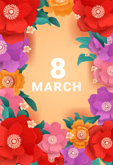 8 March womens day floral background colorful flowers border vibrant petals green leaves orange gradient decorative template