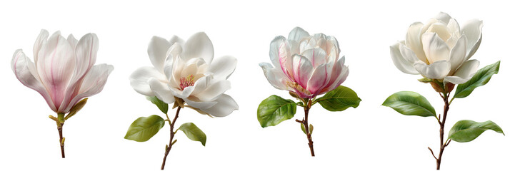 Obraz premium Four blooming magnolia flowers with delicate pink and white petals and green leaves isolated on a transparent background