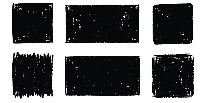 Vector set of black hand-drawn crayon textured boxes, collection of rough pencil sketch frames and rectangular scribble shapes for grunge design.