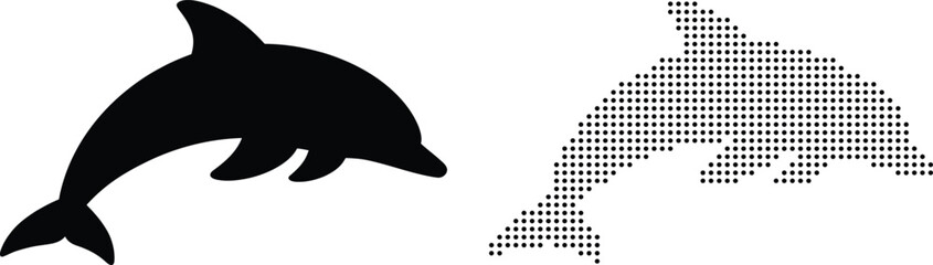 Black vector dolphin silhouette and pixel art dotted dolphin icon marine animal illustration isolated on white © vector touch