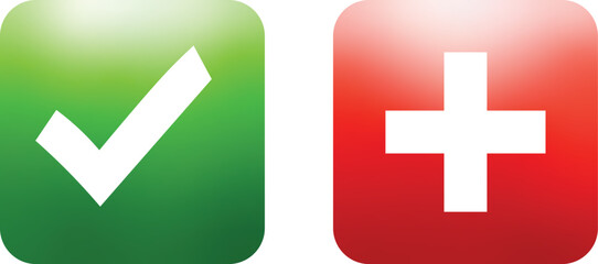 Green check mark and red cross mark emoji icon. Glossy square symbols with white tick and white X inside. Set of green and red cross marks buttons  © MDneamul