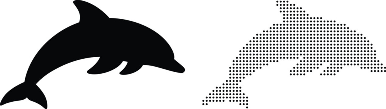 Black vector dolphin silhouette and pixel art dotted dolphin icon marine animal illustration isolated on white