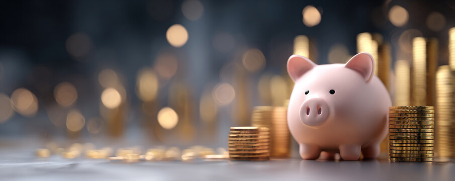 Digital savings background with piggy bank and stacked coins symbolizing financial stability