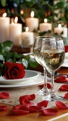 Romantic dinner setting with sparkling wine and red roses for a celebration on Valentine's Day in a private dining room