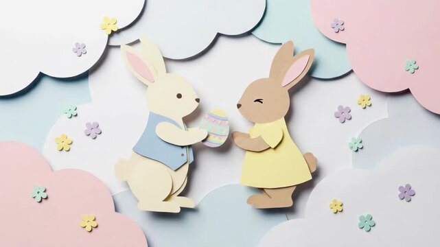 Paper craft easter surprise. A fluffy white rabbit and a friendly brown rabbit exchanging a decorated easter egg on a pastel cloud backdrop with tiny flowers.