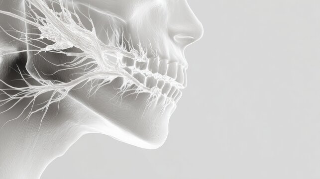 CBCT 3D Scan Showing Translucent Lower Jaw With Wisdom Tooth Roots Near Nerve Canal in a High-Tech Medical Setting