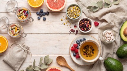 Fototapeta premium Flat lay of bone health supplements, fresh fruits, and herbal tea on wooden table. Concept of natural medicine and wellness care. Perfect for nutrition and healthcare designs.
