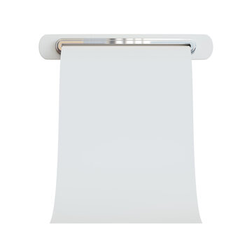 Front-facing view of a receipt printer dispensing blank receipt paper downward, centered on transparent background. Realistic 3D render of POS thermal printer in action.