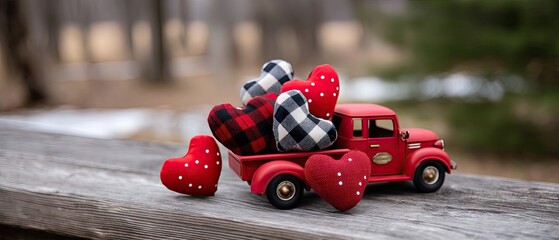 Naklejka premium Retro truck filled with hearts on a wooden table against a checkered background for Valentine's Day decoration