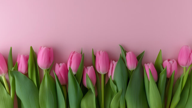Pink tulips border on soft pink background with copy space, spring flowers, floral frame, romantic greeting, Women&rsquo;s Day celebration, fresh blossom arrangement, elegant holiday backdrop concept