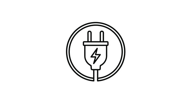 Simple black line art icon of an electric power plug with a lightning bolt symbol inside a thin circular frame.