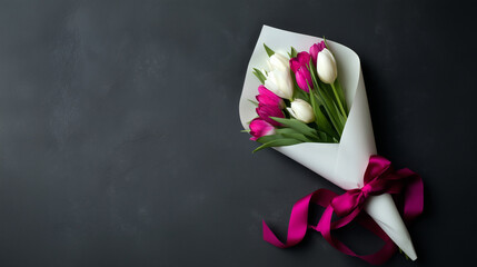 Fototapeta premium Bouquet of pink tulips wrapped in paper with ribbon on dark background, spring flowers, floral gift, romantic surprise, Women’s Day celebration, elegant holiday greeting, copy space