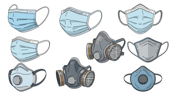 Assorted collection of protective face masks including blue surgical masks and heavy duty respirators for health and industrial safety.