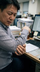 Obraz premium Middle-aged Asian man holds painful elbow at office desk. Scene depicts joint pain and bone health problems. Ideal for medical, healthcare and workplace safety concepts.