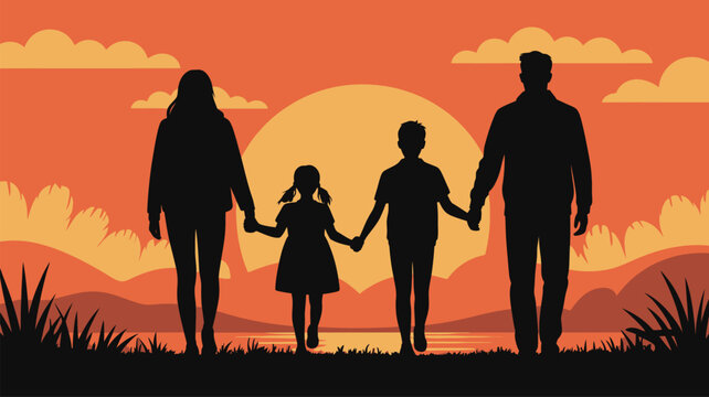 Family holding hands at sunset by the water illustration