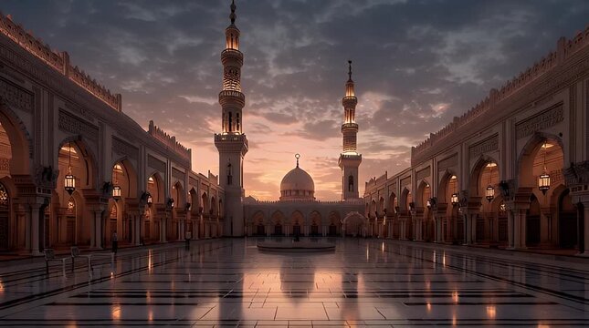 Beautiful ramadan sunset over a majestic mosque courtyard
