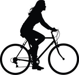 Fototapeta premium Woman riding bicycle illustration with dynamic silhouette and flowing hair on road