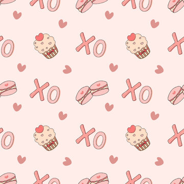 Sweet seamless vector pattern featuring hand-drawn cupcakes, macarons, hearts, and "XO" text on a soft pink background. Romantic and cute background design for Valentine's Day, bakery packaging
