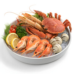 Fresh seafood platter with crab, shrimp, and mussels on ice