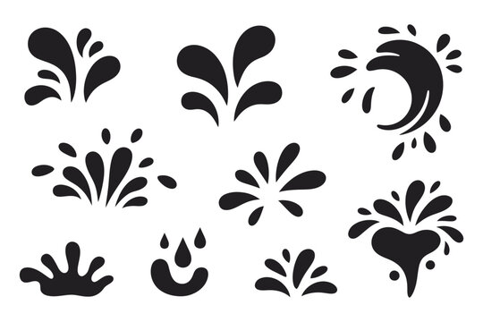 Water drops and splash silhouette set in simple doodle style, featuring different liquid shapes, droplets