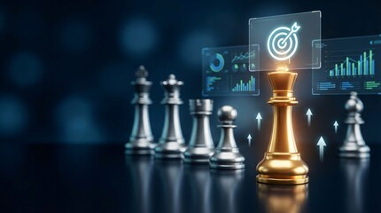 Golden chess pawn with target icon in strategic leadership with blue glowing charts in dark moody lighting for business