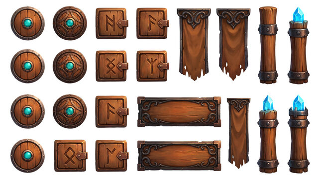 Assortment of stylized wooden viking fantasy game assets featuring shields, rune plaques, banners, and crystal-topped wooden posts.