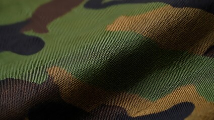 Closeup detailed view of green brown and black camouflage fabric texture with visible weave pattern